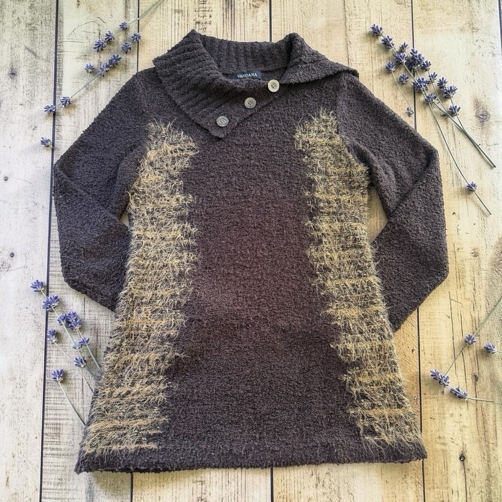 Vandana Brown Gold Eyelash Knit Sweater Tunic Button Collar Boho Womens M Mock‎
